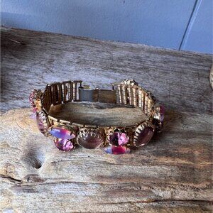 Mid Century Gold Tone Expansion Bracelet 6.5” Purple Cabochons Pink Rhinestones